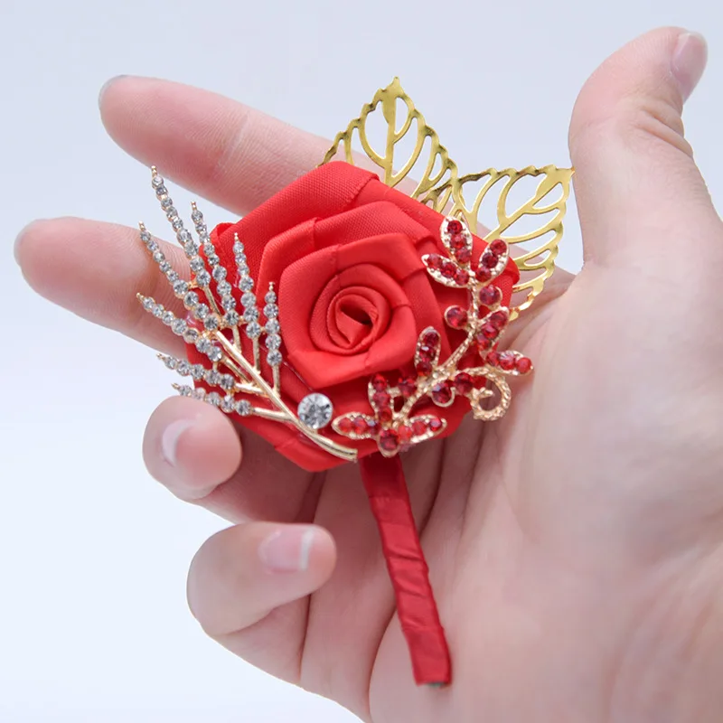 JaneVini Chinese Red Grooms Corsage Wedding Gold Leaf Beaded Boutonniere Brooch Boutonnieres Men's Suit Pin 2019 |