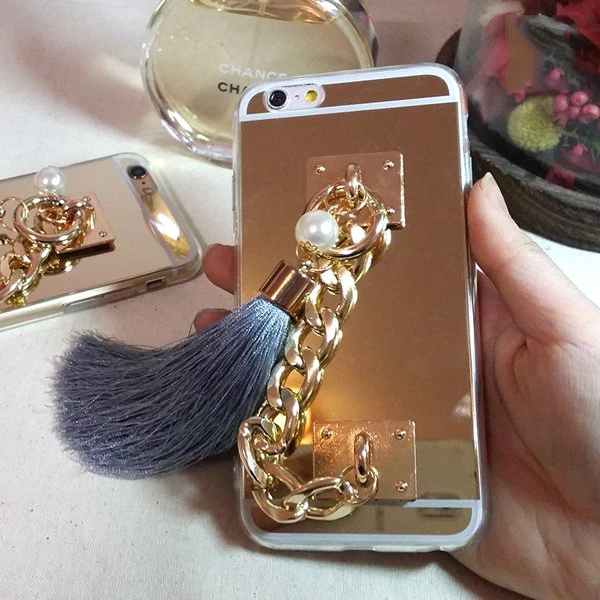 Luxury Gold Mirror TPU Case For Samsung Galaxy S8 S9 S10 Plus S10e S7 S6 edge+ Note 9 8 5 Note9 Metal Rope Pearl tassel fundas |