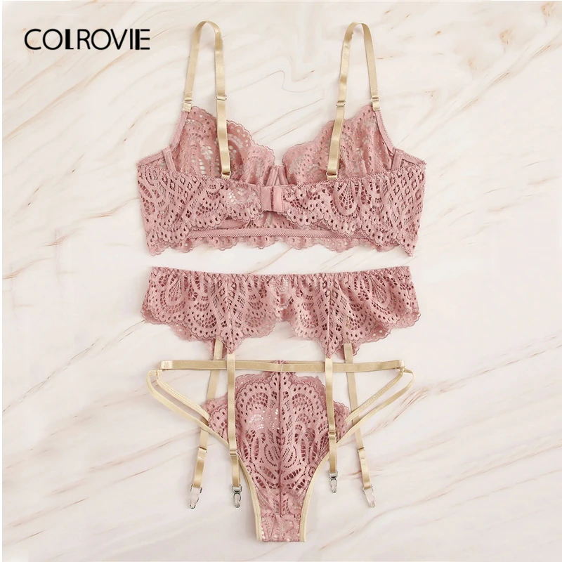 COLROVIE, розовый цветочный кружевной комплект нижнего белья с подвязками, женское нижнее белье,, бюстгальтер на косточках и стринги, комплект нижнего белья