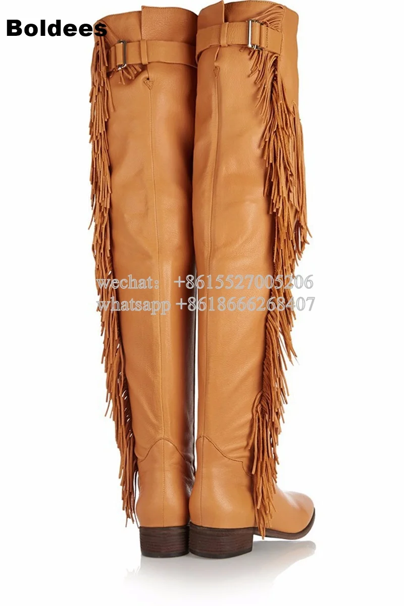 Fashion Yellow Designer Back Buckle With Tassel Leather Over The Kness Boot Women Fringe Gladiator Round Toe Long Boots