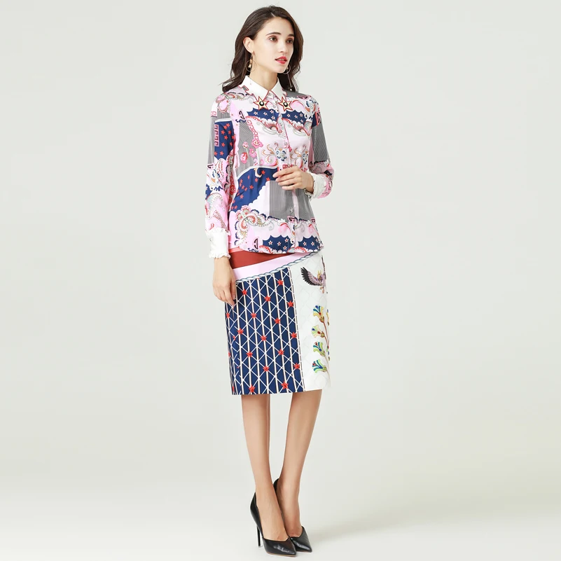 High quality new designer Fashion Two Pieces Set Women's Long Sleeve Embroidery Shirt and Printed Skirt Casual Shirt Sets Suits