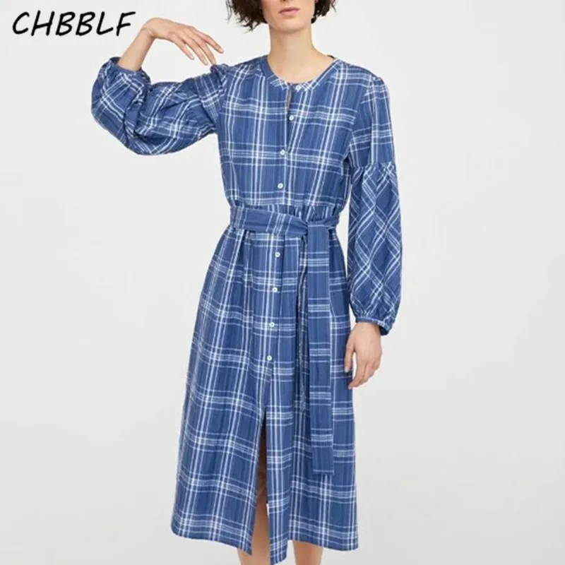 New spring dress long sleeve belt decorative blue plaid Vestido Retro HJH1387 | Женская одежда