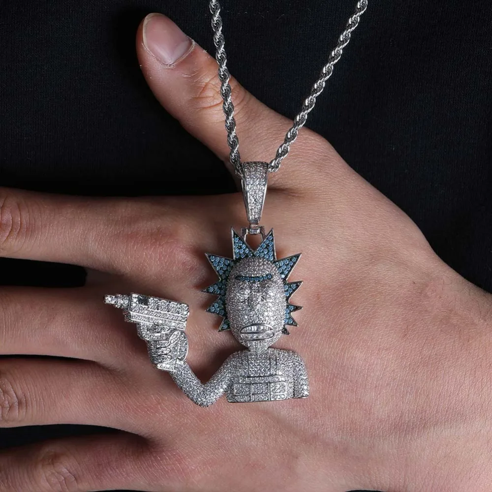GUCY Рик и Морти кулон ожерелье все Iced Out Micro Pave кубического циркония мужские хип хоп ювелирные изделия Позолоченные талисманы подарок