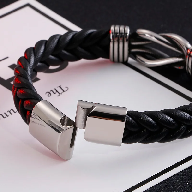 Мужской плетеный браслет из кожи и титановой стали с двойной пряжкой | Украшения