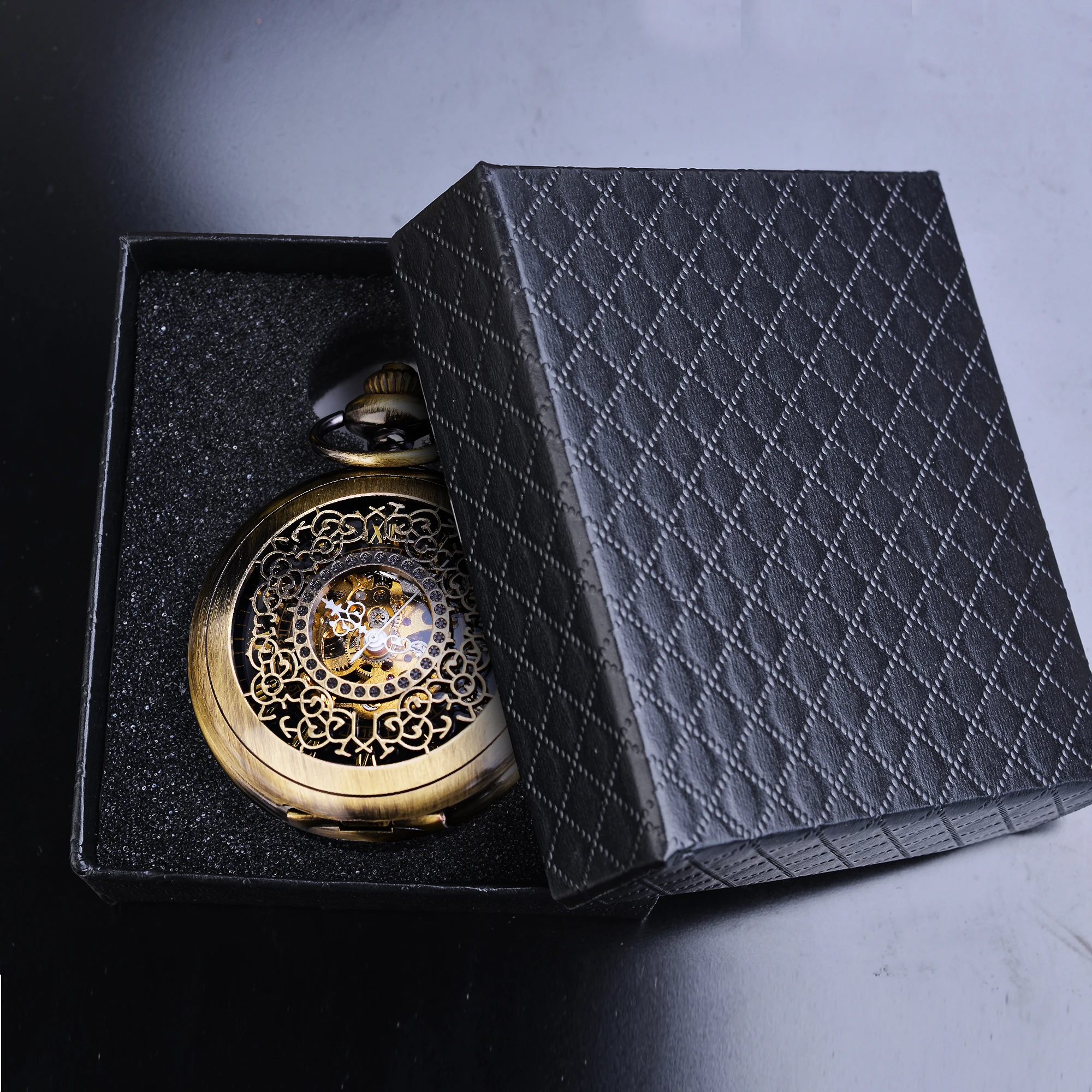 Vintage Bronze Tone Mechanical Pocket Watch FOB Chain Hollow Hunter Steampunk Skeleton Men Women Male Roman Analog Clock Watches | Наручные