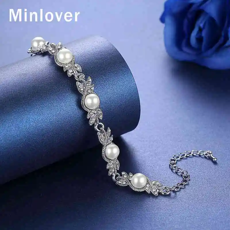 Minlover Elegant Simulation Pearl Flower Bracelet for Women Austrian Crystal Silver Color Bracelets Wedding Jewelry 2019 MSL197 | Украшения