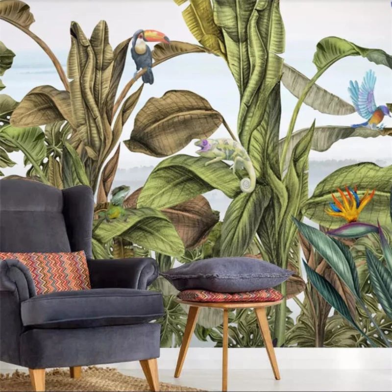 wellyu Hand-painted tropical rainforest plants flowers and birds animals forest background wall custom large mural wallpaper |