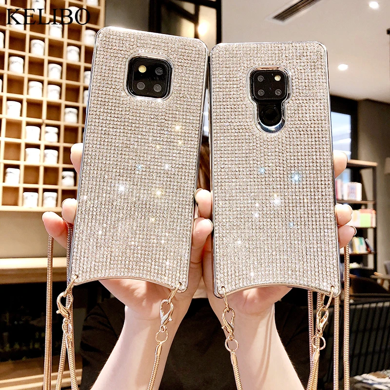 Блестящий чехол со стразами для Huawei Mate20 P30 Pro мягкий силиконовый из ТПУ с цепочкой
