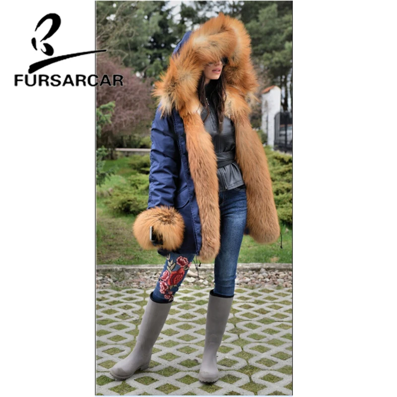 FURSARCAR New Style 2021 Real Fur Coat Parka Women With Big Gold Fox Fur Collar And Cuff Winter Luxury Thick Warm Fur Parka