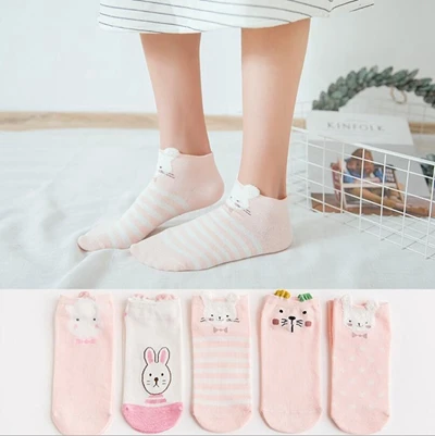 06 5pairs Women Cute Socks Harajuku Cartoon Cat Pattern Casual Cotton Happy Funny Female Ankle Socks Thin Summer Low Cut Style - Цвет: 06