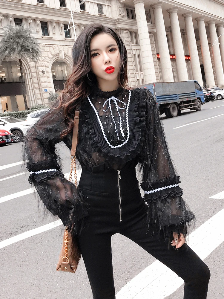 2019 новые модные женские туфли блузка рубашка Весенняя с длинным рукавом