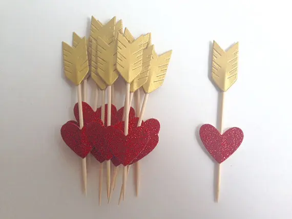 

Glitter Heart and Arrow Cupcake Toppers birthday rustic Wedding Bridal Shower Engagement Party food picks