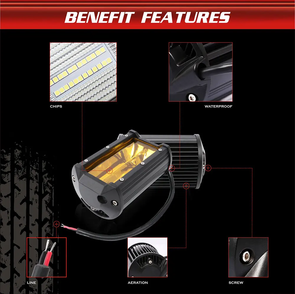 YIRAY 5 Inch 72W 2Pcs Yellow LED Work Light for motorcycle Driving Offroad Boat Car Tractor Truck 4x4 SUV ATV 12V 24V 5&quot Bar |
