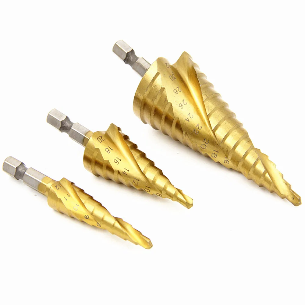 

3pcs Titanium HSS 1/4 Hex Shank Step Cone Drill Bit Set Hole Cutter Saw Tool 12mm 20mm 32mm
