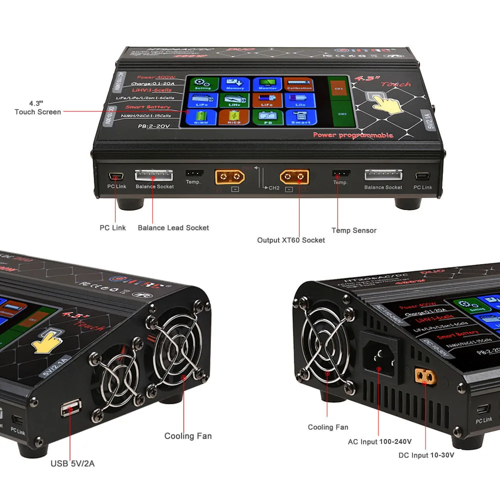 HTRC HT206 DUO AC/DC 200 Вт* 2 20A* 2 двухпортовый высокомощный цветной сенсорный экран RC зарядное устройство для батареи Lilon/LiPo/LiFe/LiHV