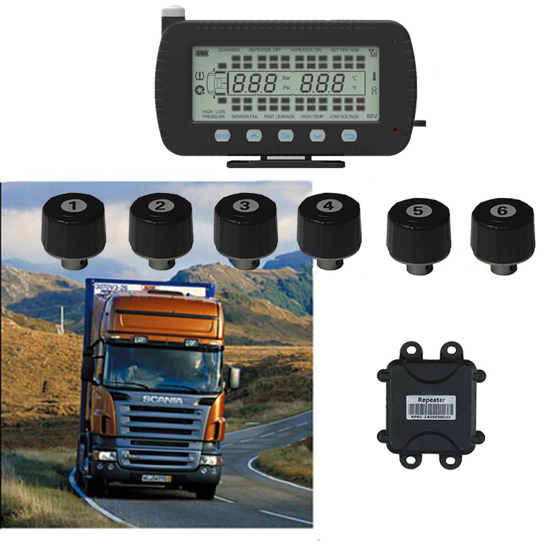 

Truck TPMS Truck Tire Pressure Monitoing System 8 tires /10 tires /20 tires Pressure Range 0-13Bar/0-188Psi