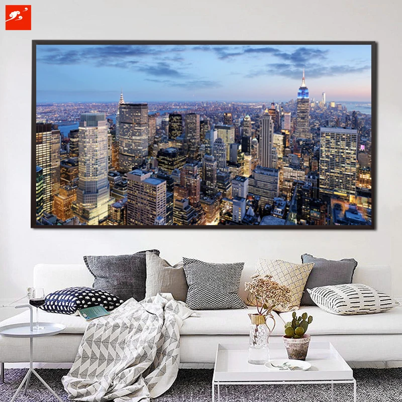 Нью Йорк город ночью вид на горизонт большой принт фото плакат картина холст