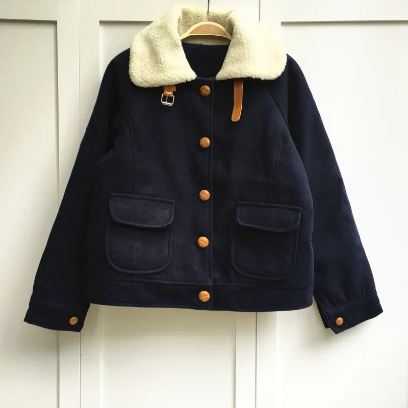 Japan fashion Harajuku Lamb Leather Buckle Collar Clip Cotton Wool Coat Jacket Motorcycle Thickening Winter Women Parkas | Женская