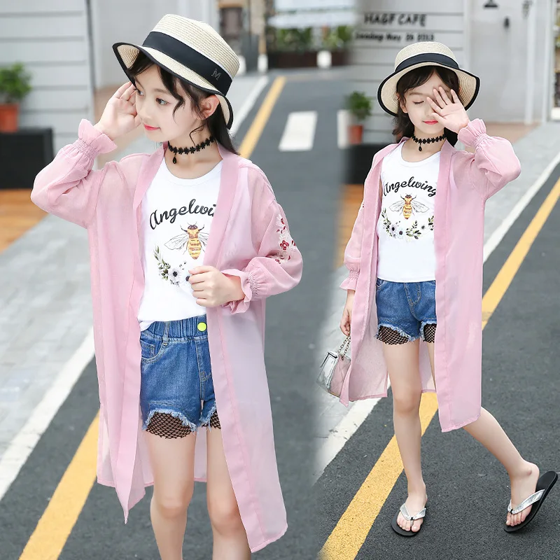 Children Girls Thin Coat Outerwear Blouse Cardigan Fashion Clothing Summer Outwear for Girl Sun Protection 13 years Flower White | Детская