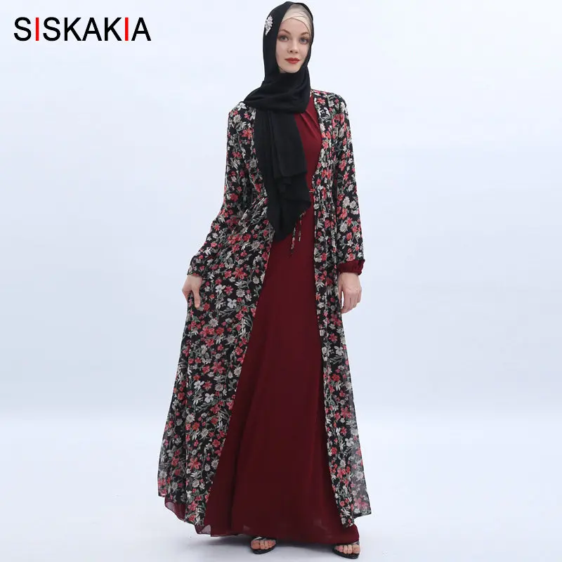 Женское шифоновое кимоно Siskakia с цветочным принтом и поясом бордовое тонкое