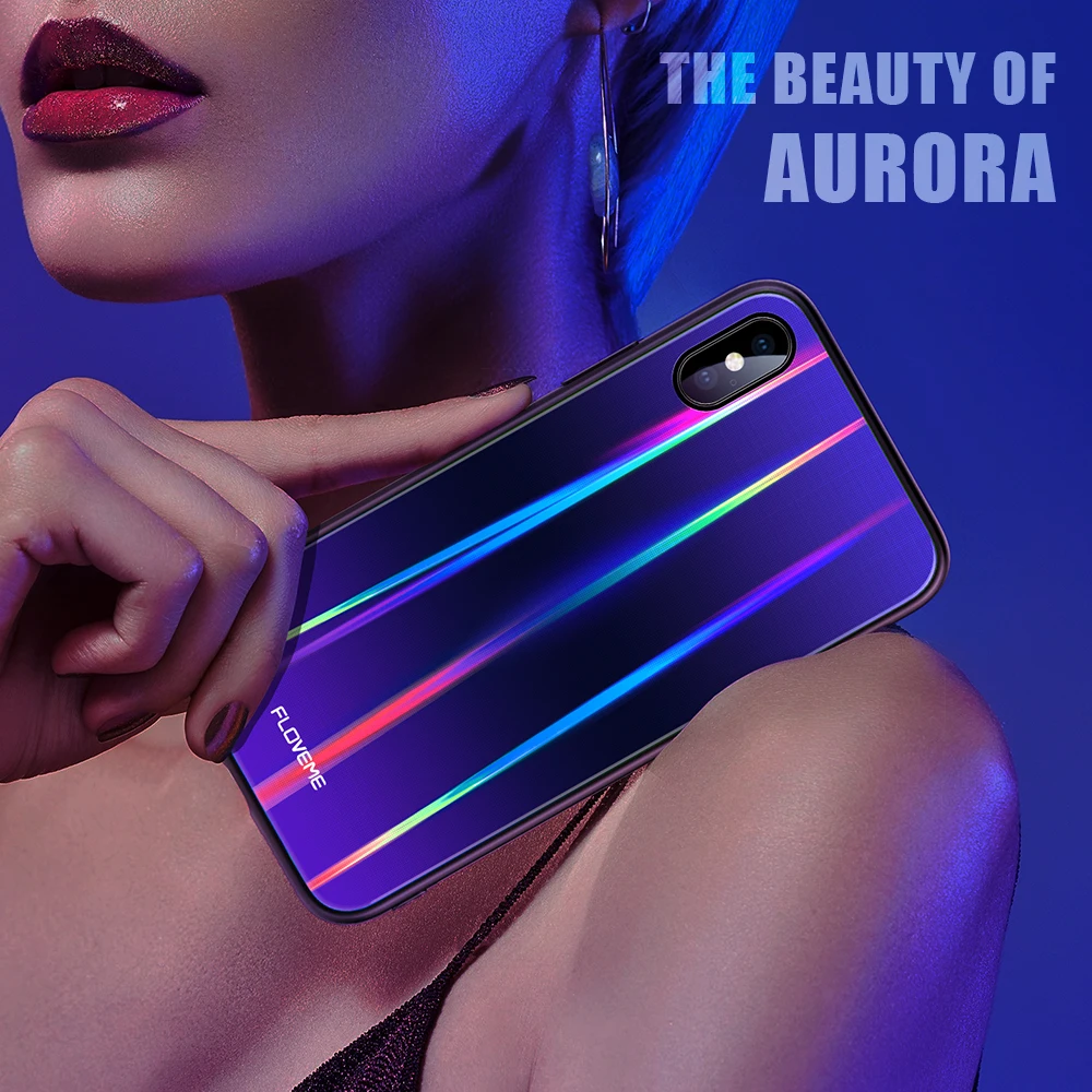 FLOVEME Luxury Aurora Case For iPhone 7 8 X XS Max Gradient Blue-Ray Soft Edge Phone Cover Plus XR Coque |