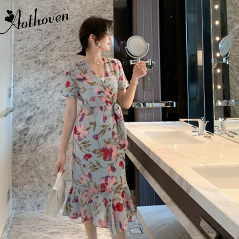 Женское винтажное шифоновое платье с v образным вырезом и коротким рукавом