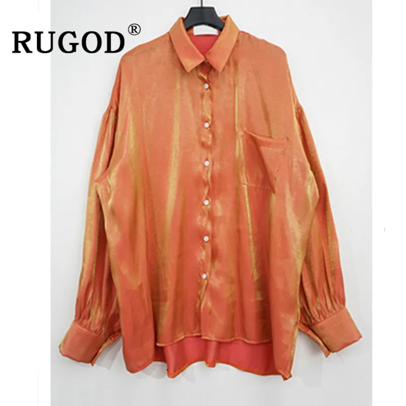 RUGOD винтажная градиентная блузка женская элегантная Глянцевая оранжевая рубашка
