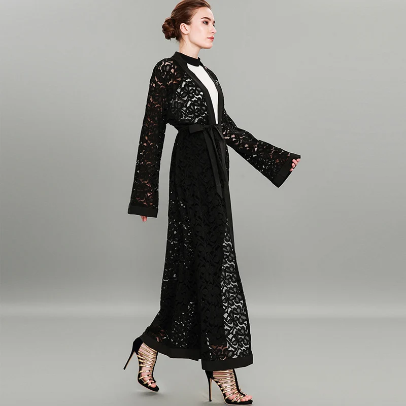 Женское длинное черное кружевное платье макси-кимоно кардиган Roupa большие