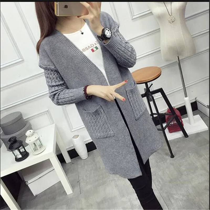 

New Autumn Korea Medium Long Pure Color V-neck Sweater Women Coat Elegant Fashion Shawl Leisure Slim Knit Coat Q582