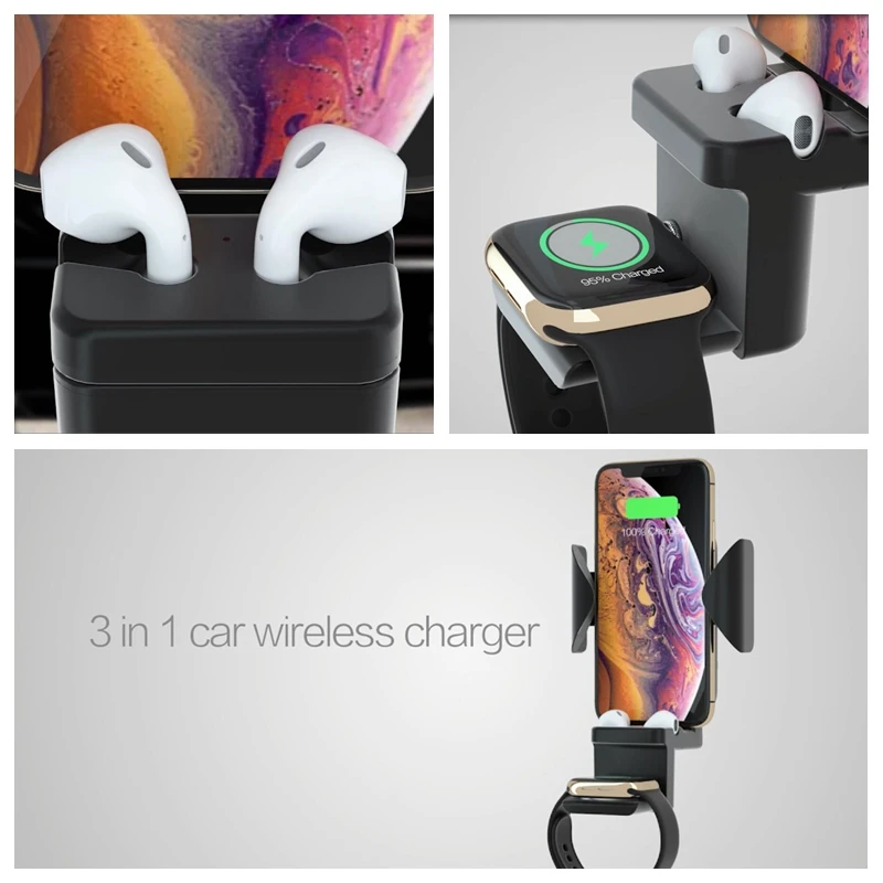 Автомобильное беспроводное зарядное устройство QI подставка для iPhone Airpods Apple Watch 1 2