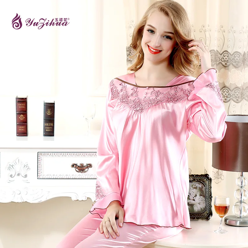 Yuzihua Квадратный Воротник sleevepajamas устанавливает шелковый атлас ночное розовый