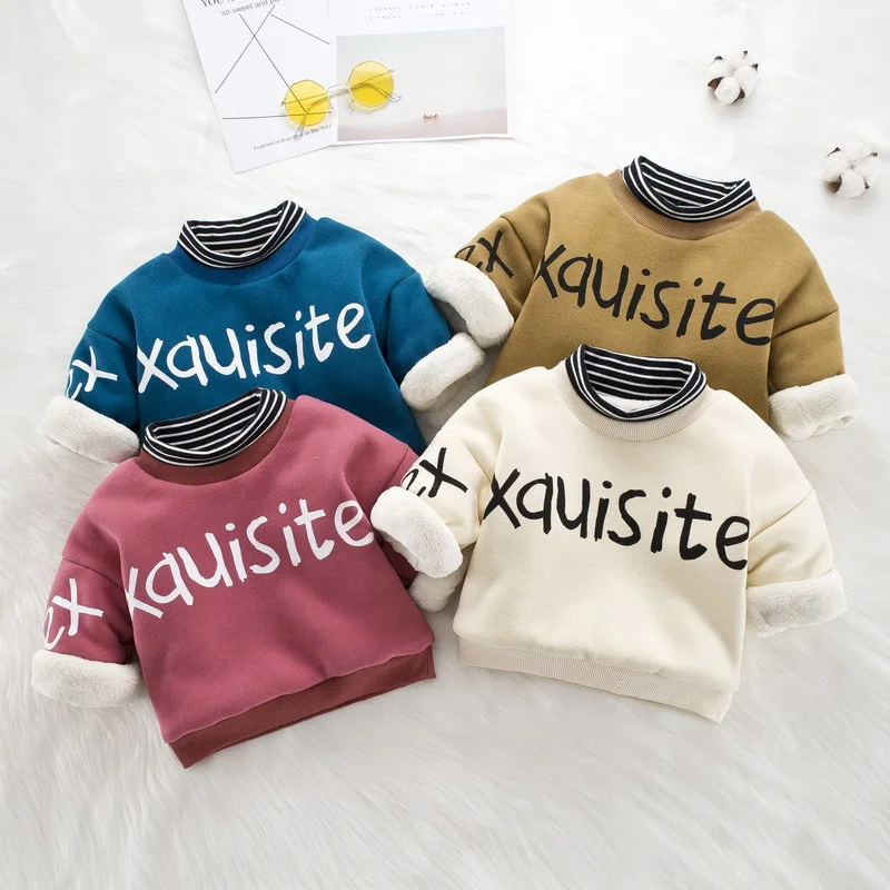Fashion Boys Sweatshirts Winter New Kids Letter Thicken Sweater Children Girls Warm Plus Velvet Outwear Hoodies | Детская одежда и