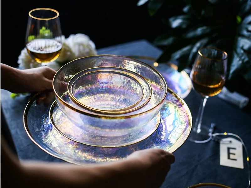 Dazzle Colour Glass Dinnerware Flat Plate Salad Bowl Gold Edge Western Food Tray Steak Snach Dishes Fruit Bowls Container 1pcs