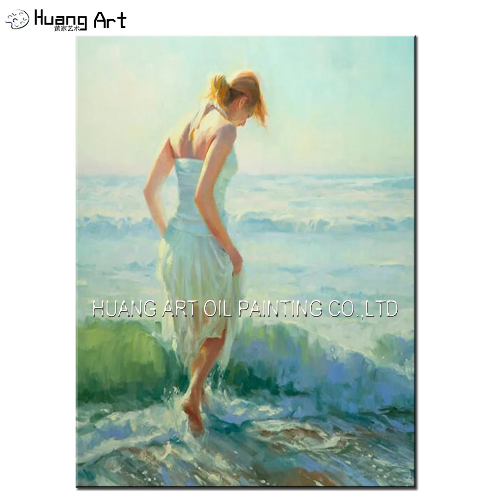 

Newest Handmade Seaside Landscape Painting on Canvas for Home Decor Beautiful Girl Play Water of Sea Character Oil Painting