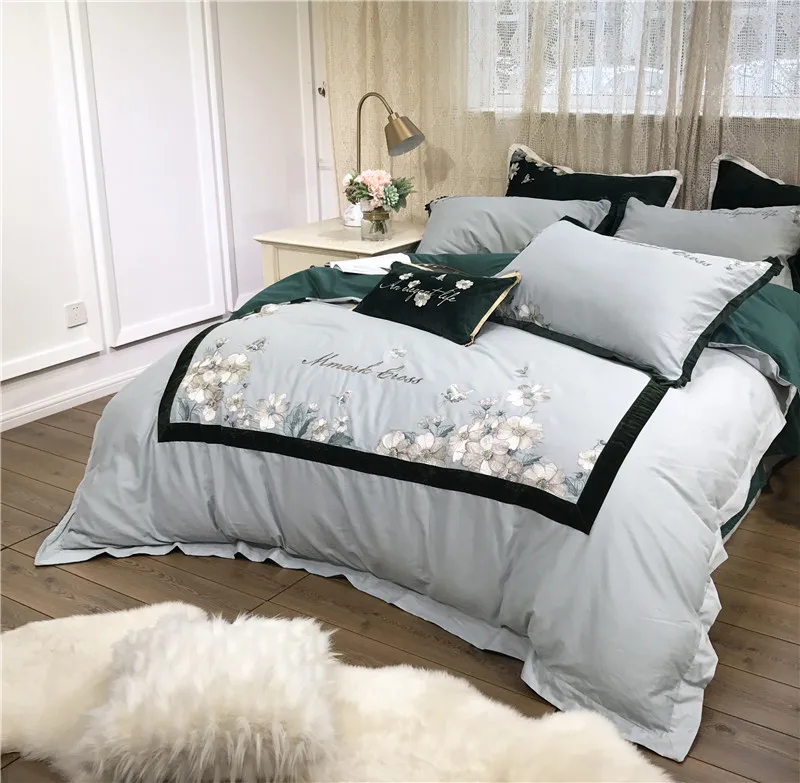 Luxury American Style 80S Egyptian Cotton Pastoral Floral Embroidery Blue Bedding set Duvet Cover Bed sheet/Linen Pillowcases | Дом и сад