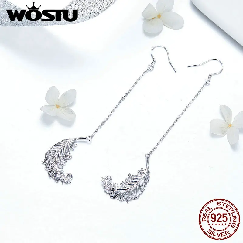 WOSTU 2019 Мода 925 пробы Серебряное перо длинные висячие серьги Классический Стиль