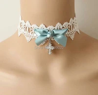 white lolita lace chocker woman necklace gothic crucifix pendant blue bow girls neck accessories decoration jewelry 2017 gift