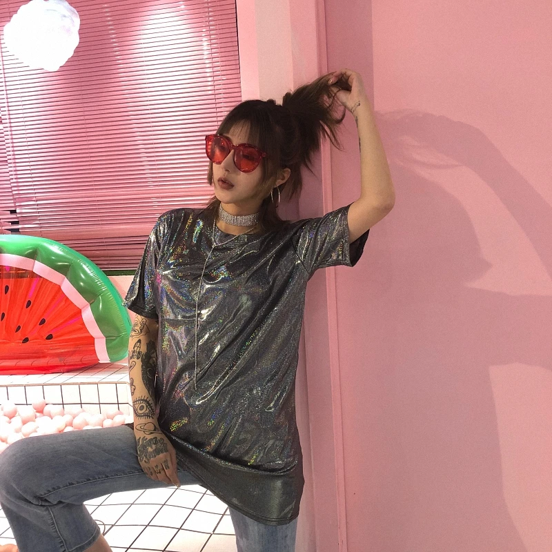 Ins Горячие Harajuku стиль с круглым вырезом короткий рукав Bling Блеск длинная футболка