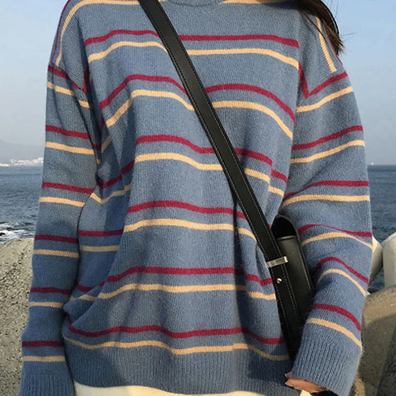 pullovers women soft autumn o neck sweaters chic daily tops womens pullover sweet student striped harajuku knitted loose outwear free global shipping