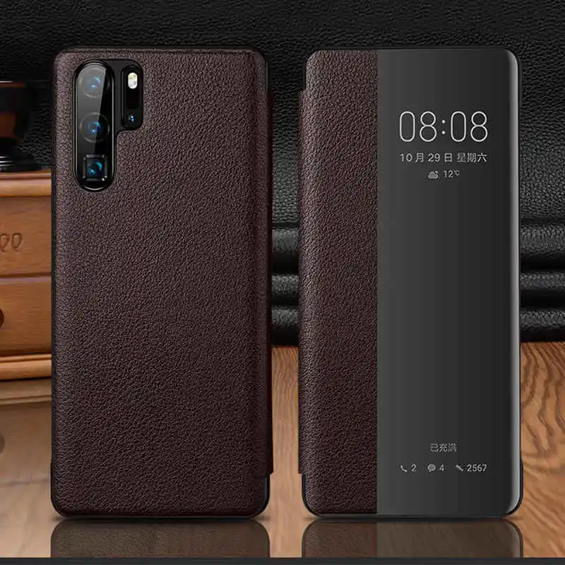 Чехол из натуральной кожи для huawei P30 Pro, умный чехол, Etui, чехол с окошком для просмотра, для huawei P30 P30Pro, чехол, Fundas Capa - Цвет: brown