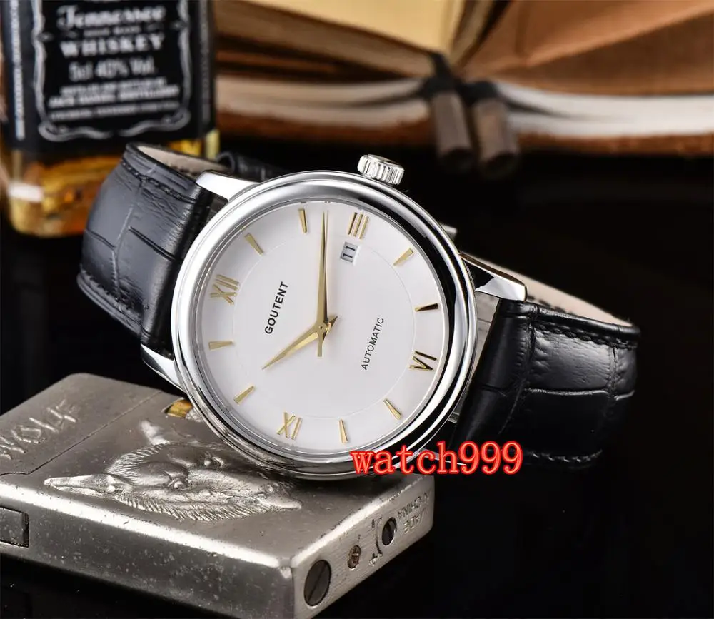 40 мм Goutent белый циферблат Дата Кожаный ремешок сапфировый Кристалл световой miyota