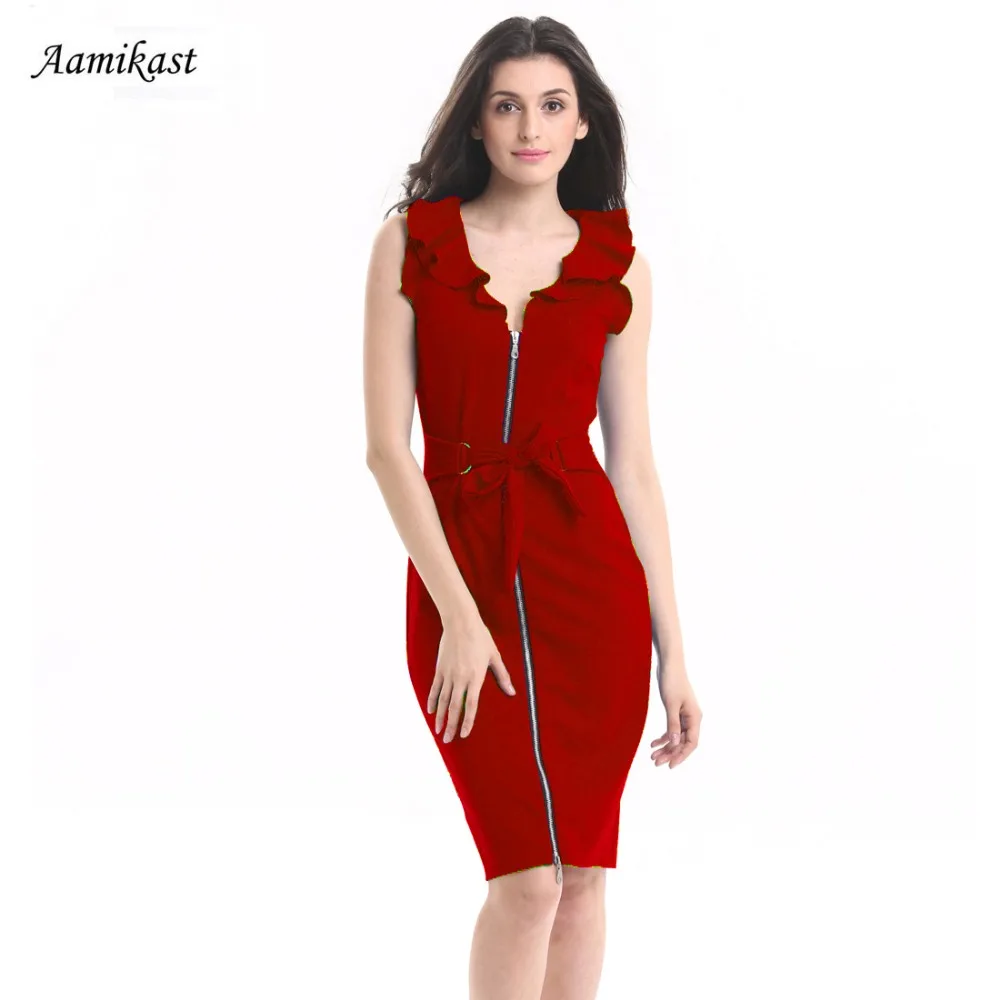 

New Fashion Elegant 2019 Ruffles Collar Sleeveless Vintage Pencil Party Evening Business Women Dresses