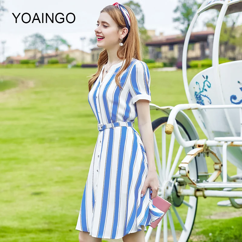 Лето 2017 г. платье Бутик Дамы Полосатый V воротник Однобортный средней длины
