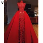 Женское длинное платье-русалка, Красное Кружевное платье для выпускного, со съемным шлейфом, украшенное бисером, с высоким воротником
