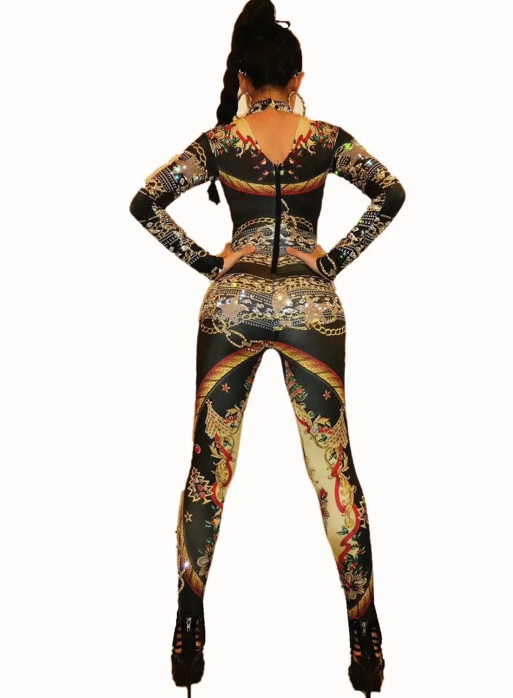 Женский эластичный комбинезон Стразы с золотым спандексом|Женские комбинезоны| |