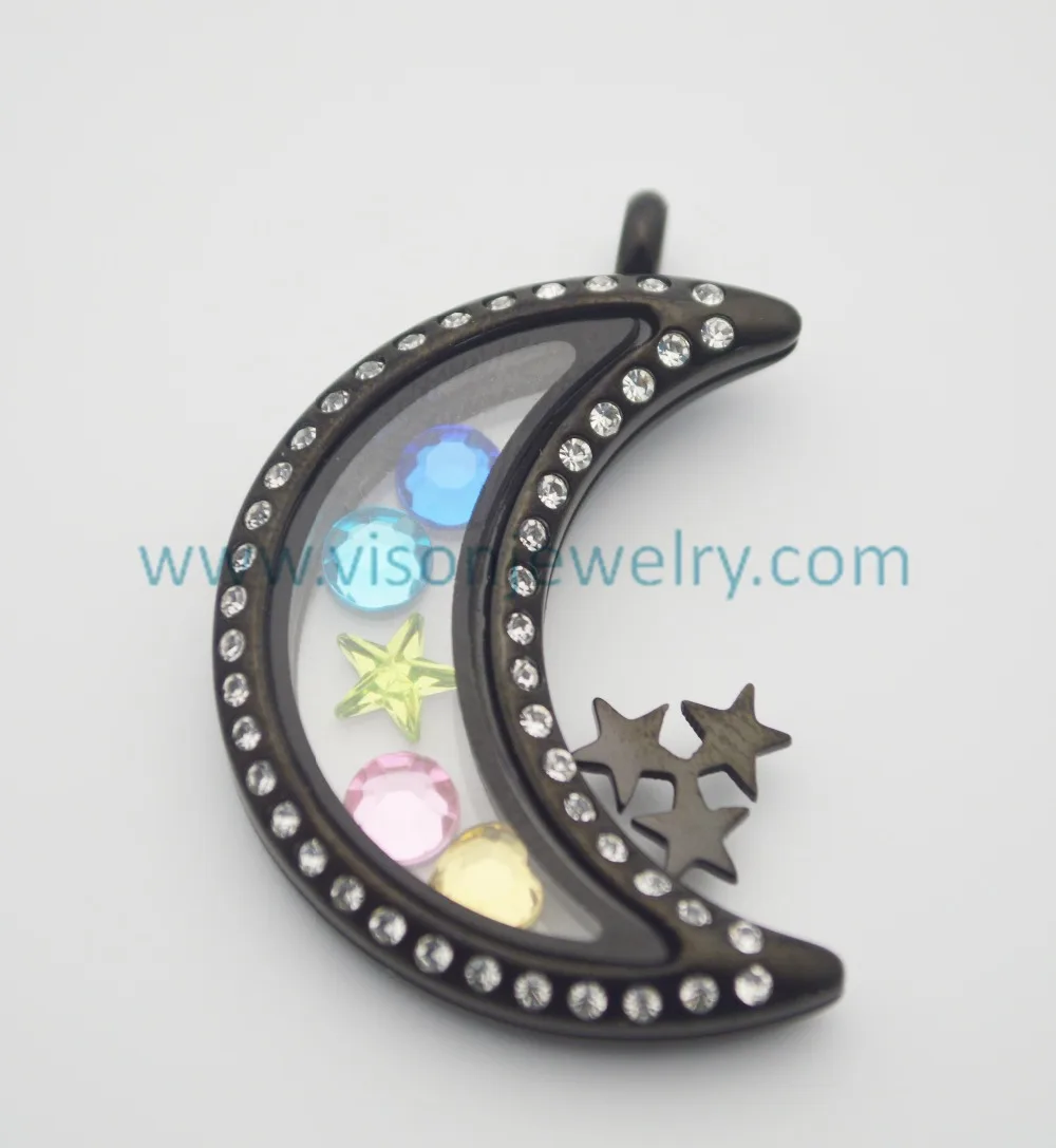 stainless steel black  plated moon custom  floating  glass memory locket