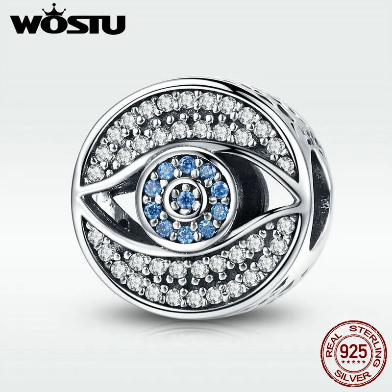 WOSTU романтический 925 пробы Серебряный счастливый голубой глаз прозрачный CZ защита Шарм Бусины Подходит для женщин браслет DIY Ювелирные изделия CQC565