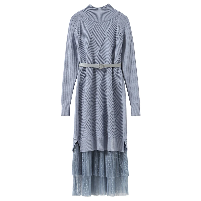 

Spring and autumn new women's knitting dress Solid color Turtleneck Long sleeve dress Sweet Wave-point Mesh dress Two pieces