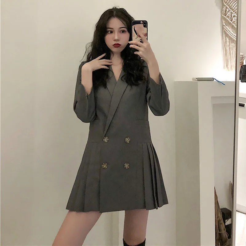 

Spring Suit Women Long Blazer Casual Pocket Double Breasted Jackets Ruched Elegant Long Sleeve Blazers Outerwear