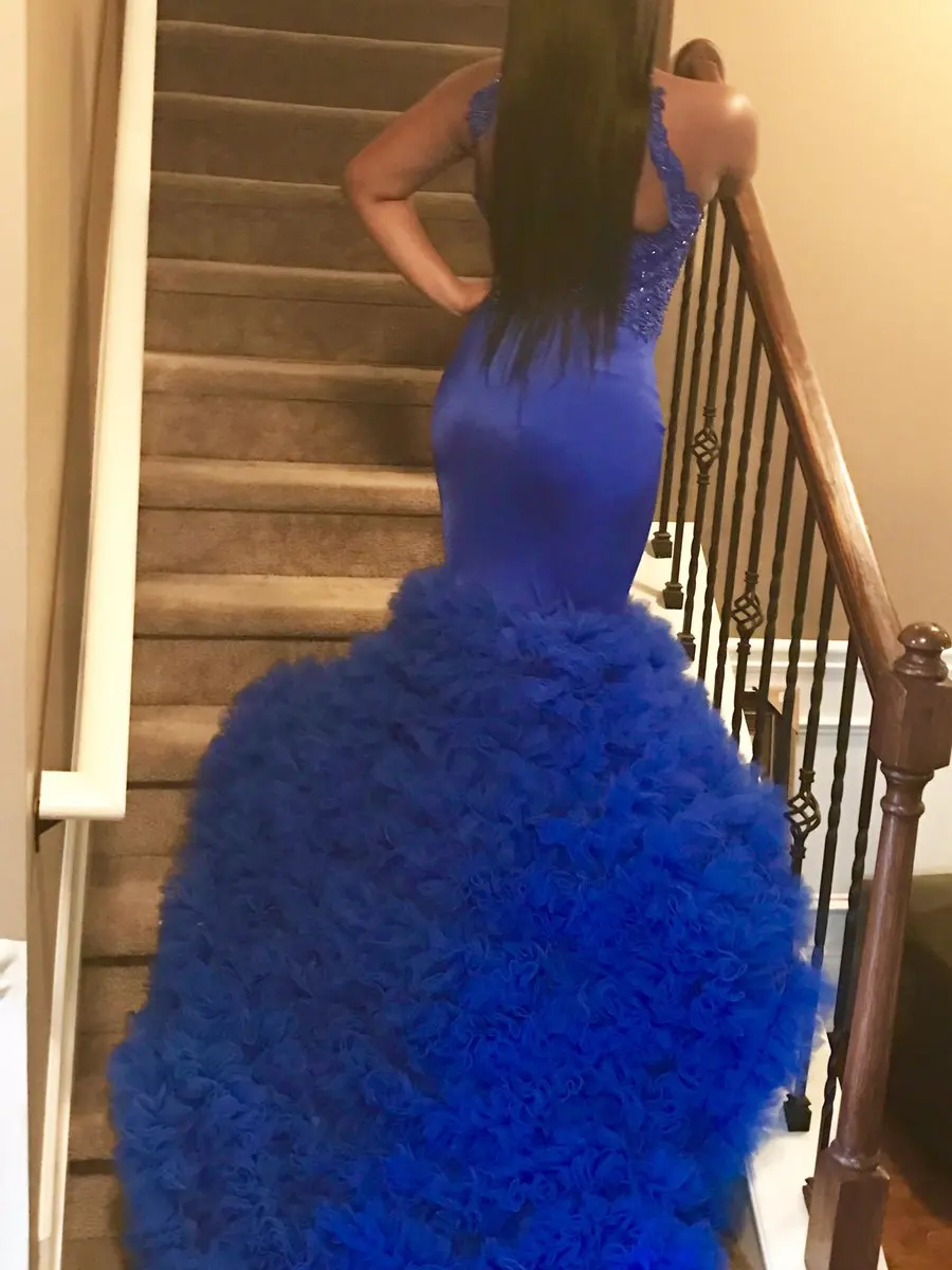 2017 Новая Мода Royal Blue Вечернее Платье Атласная С Аппликациями Русалка Халат Де